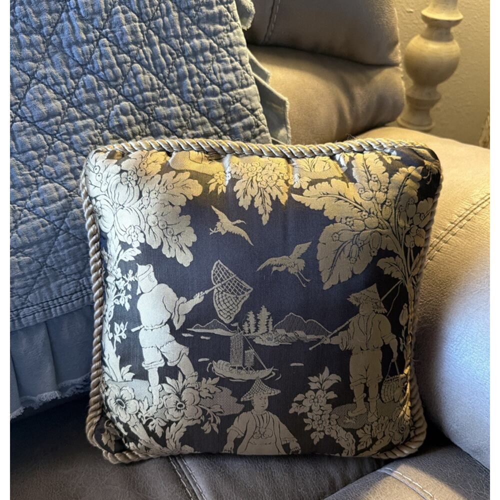 Ashford Court Chinese Toile Pattern Brown Gold Corded Accent Satiny Pillow